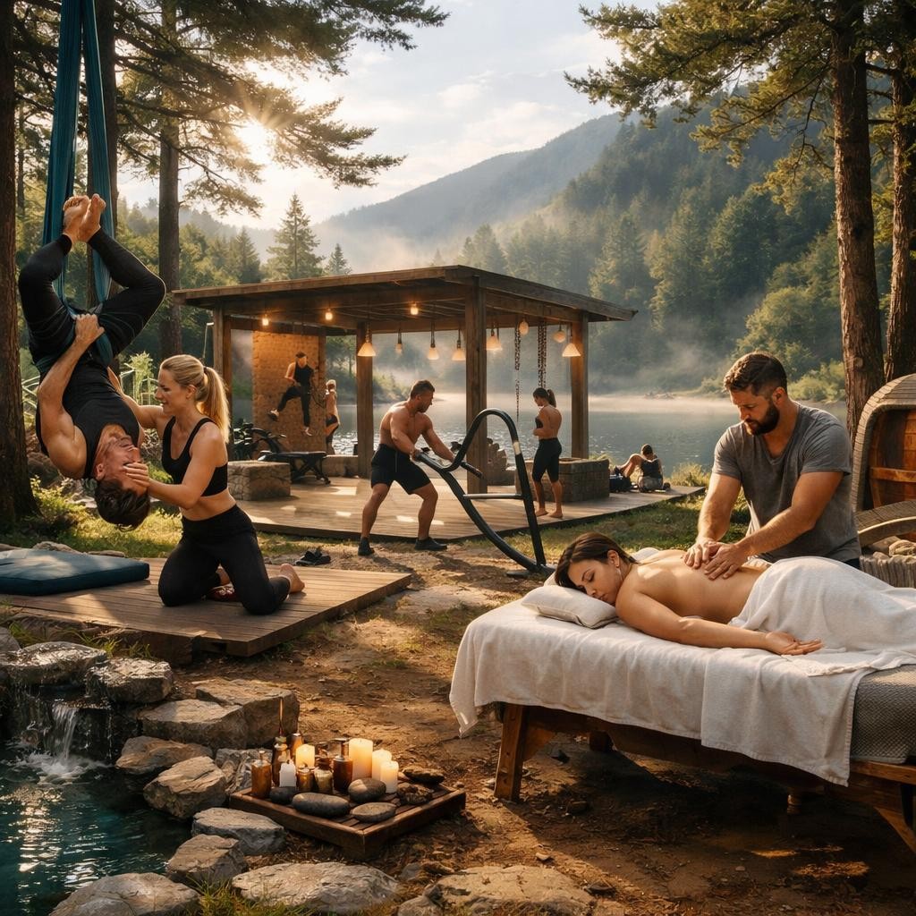 Outdoor wellness activities including aerial yoga, massage, and battle rope exercise by a lakeside pavilion