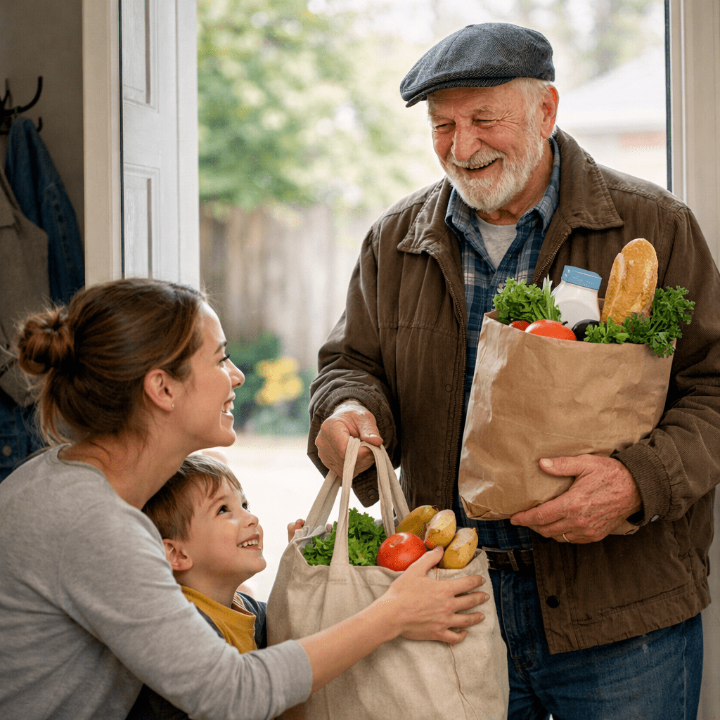 Elderly man handing grocery bags to a woman and child at the door