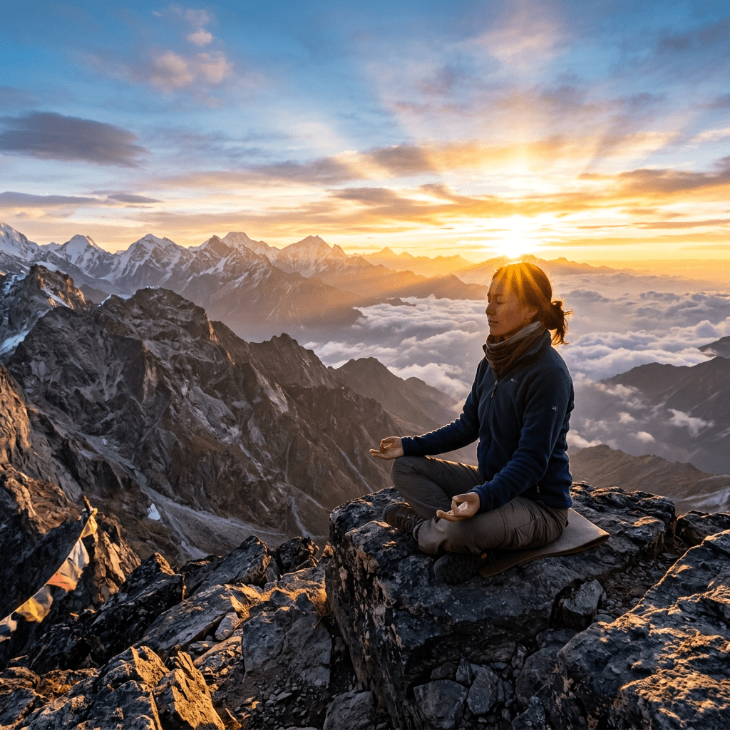 Person meditating cross-legged on rocky mountain at sunrise with clouds and peaks