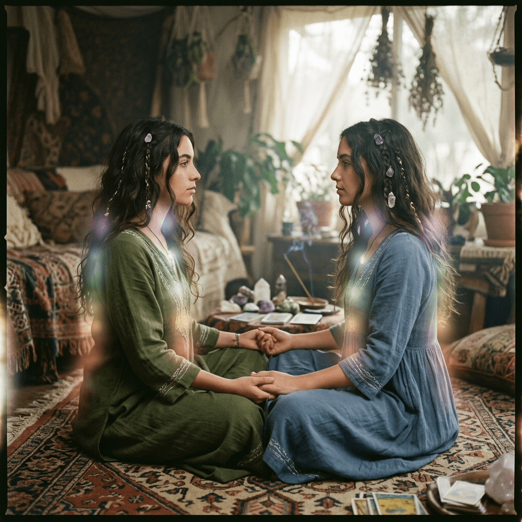 Two women sitting cross-legged on a patterned rug, facing each other and holding hands in a room with plants and crystals