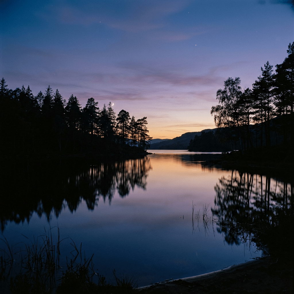 Calm lake at twilight with tree silhouettes and crescent moon