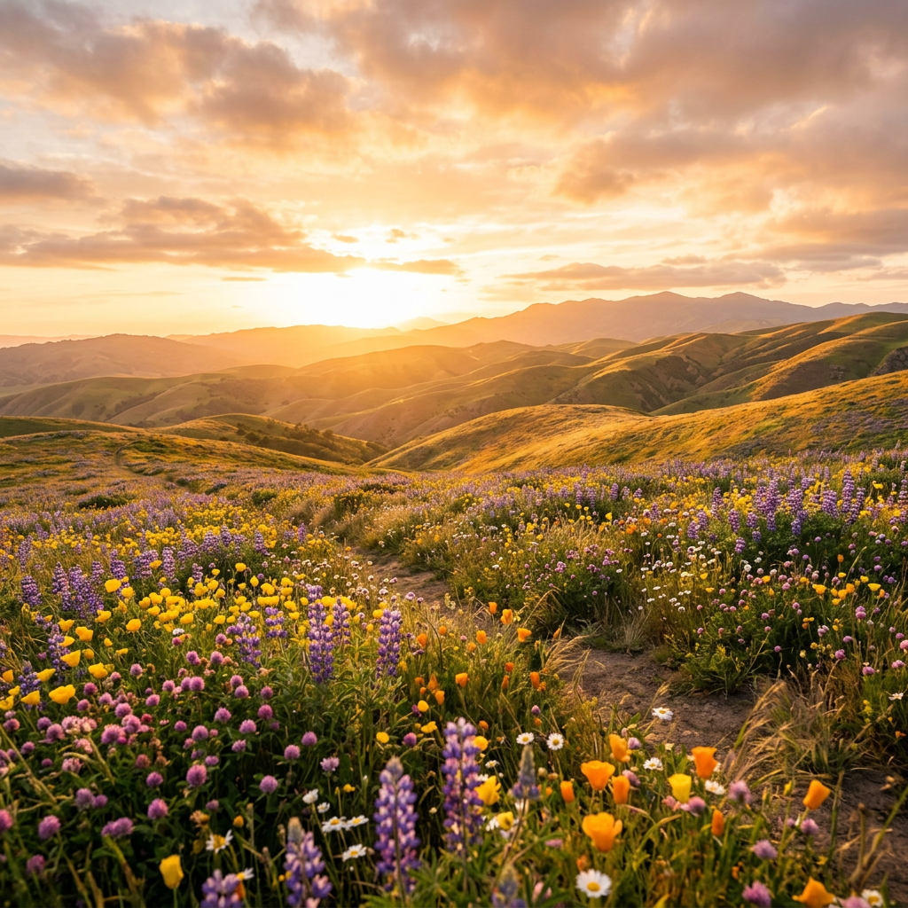 Rolling hills covered with colorful wildflowers at sunset