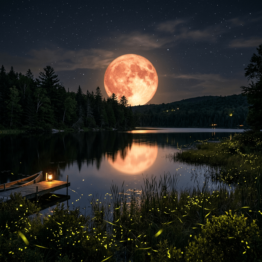 Supermoon rising over a forested lake with fireflies and dock reflecting moonlight