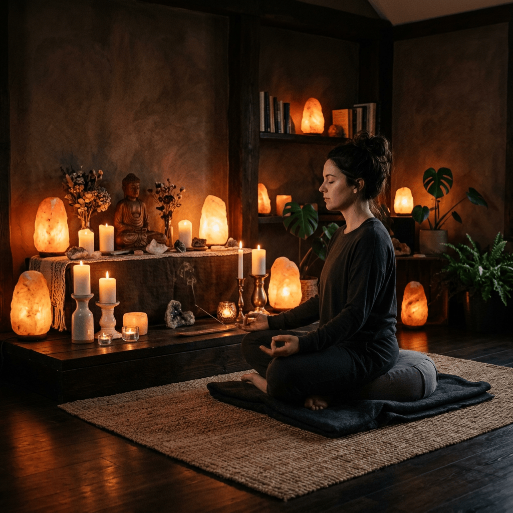Woman sitting cross-legged on cushion meditating amid candles and salt lamps