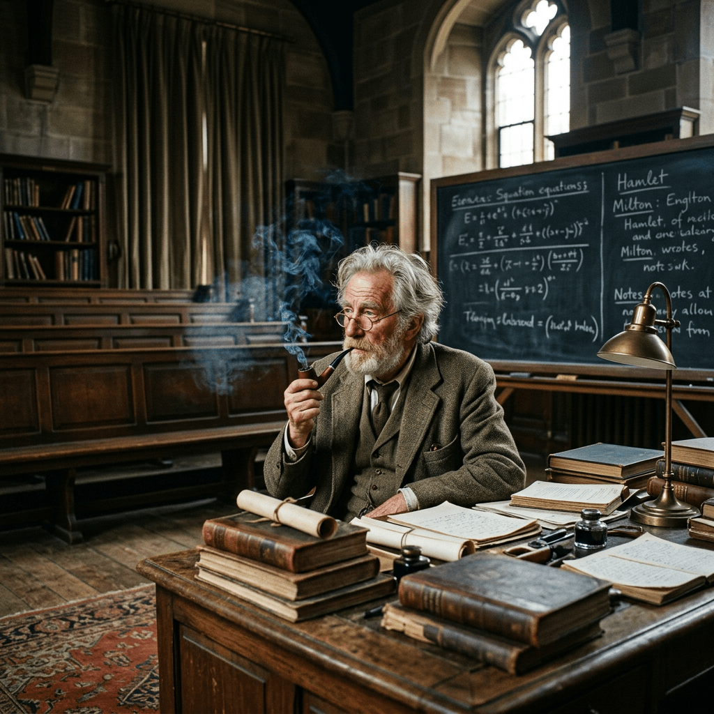 Elderly professor smoking a pipe sitting at a wooden desk with books and papers
