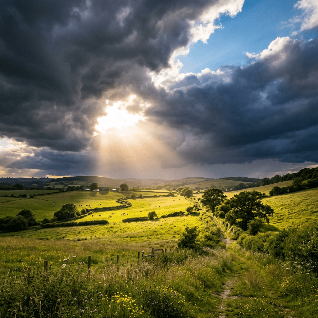 Rural landscape with sun rays breaking through dark clouds over green fields