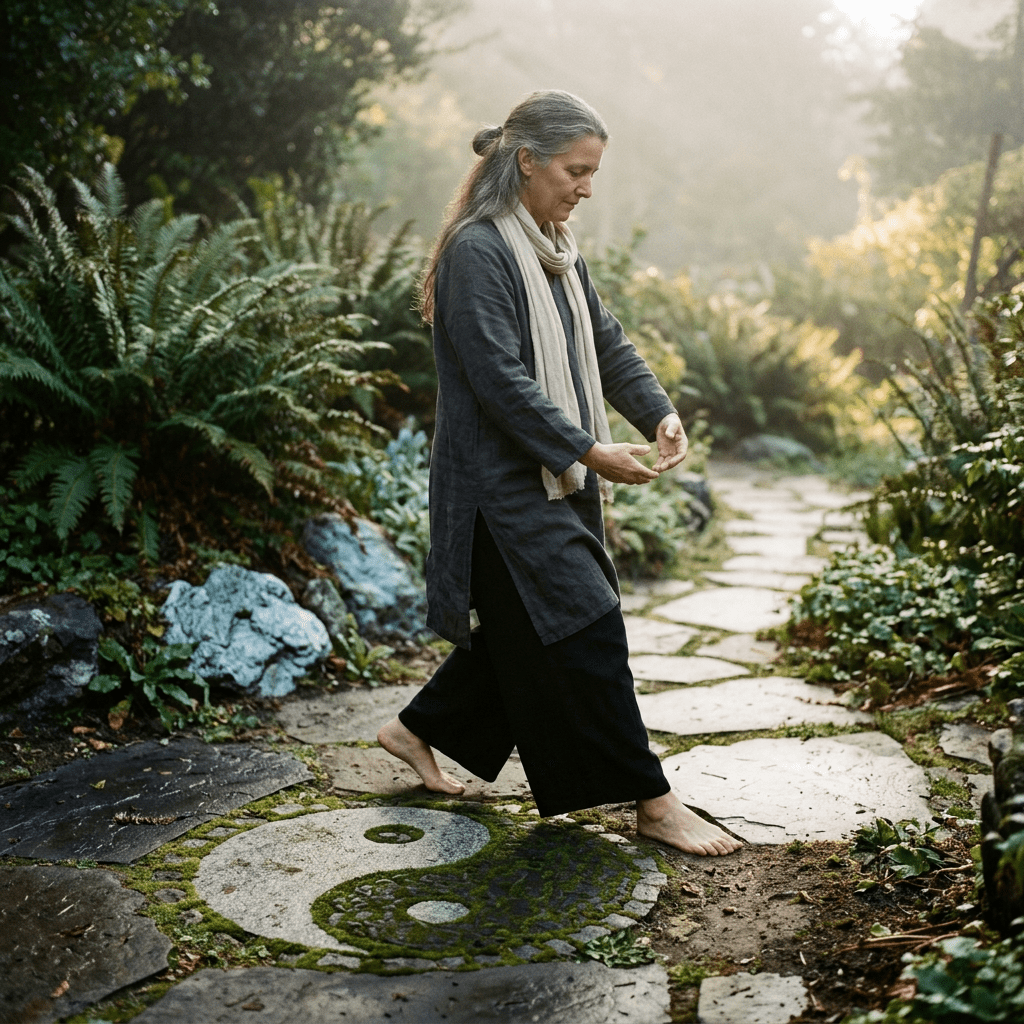 Woman practicing Tai Chi barefoot on stone path with yin-yang symbol in garden