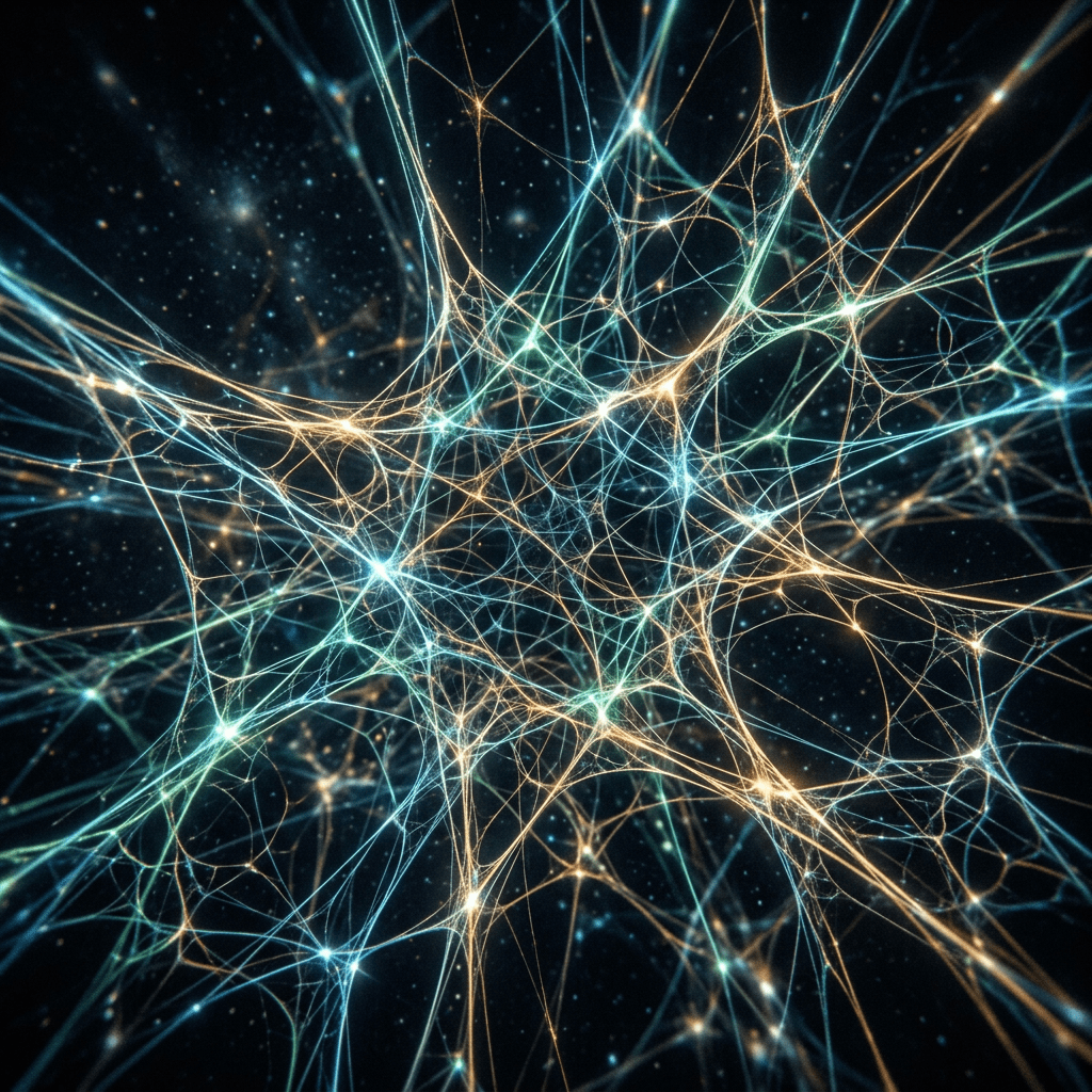 Glowing interconnected lines forming a complex neural network structure