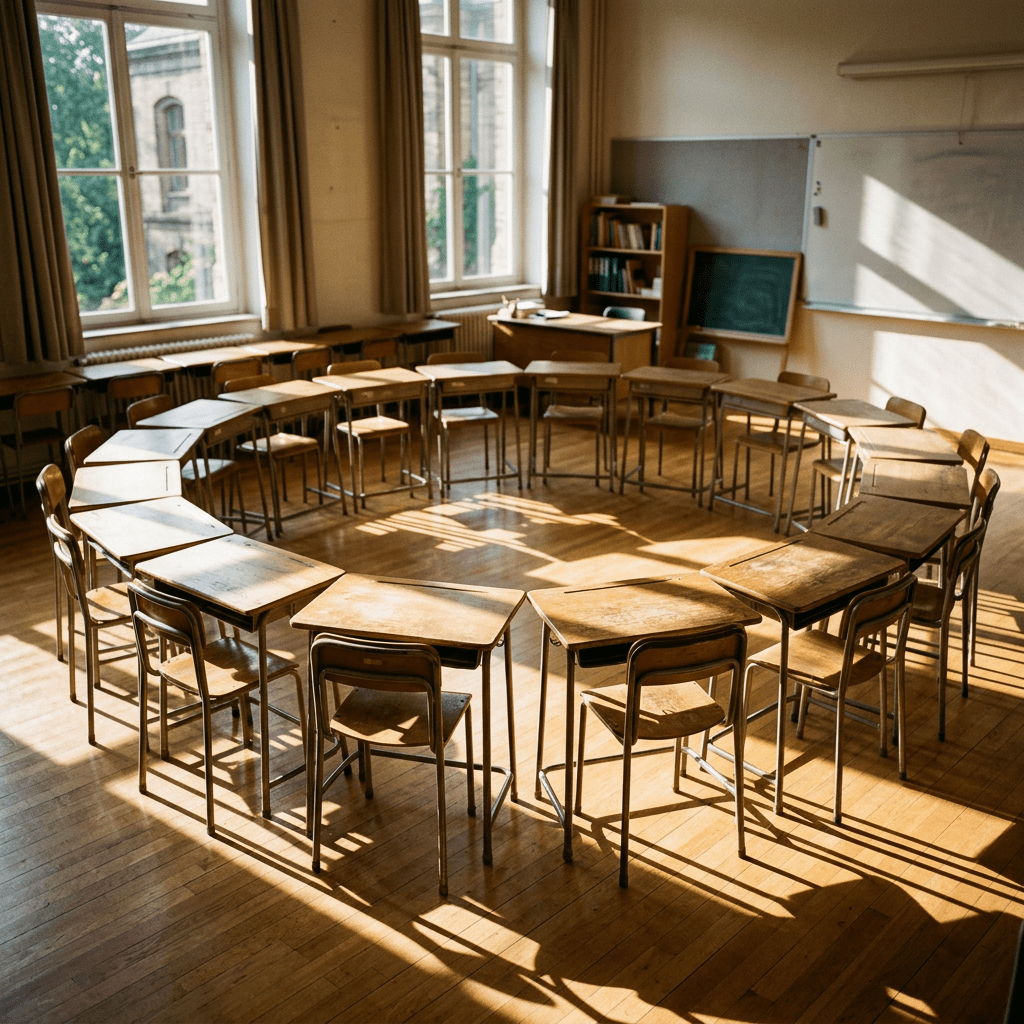 Empty classroom with wooden desks and chairs arranged in a circle under natural sunlight.