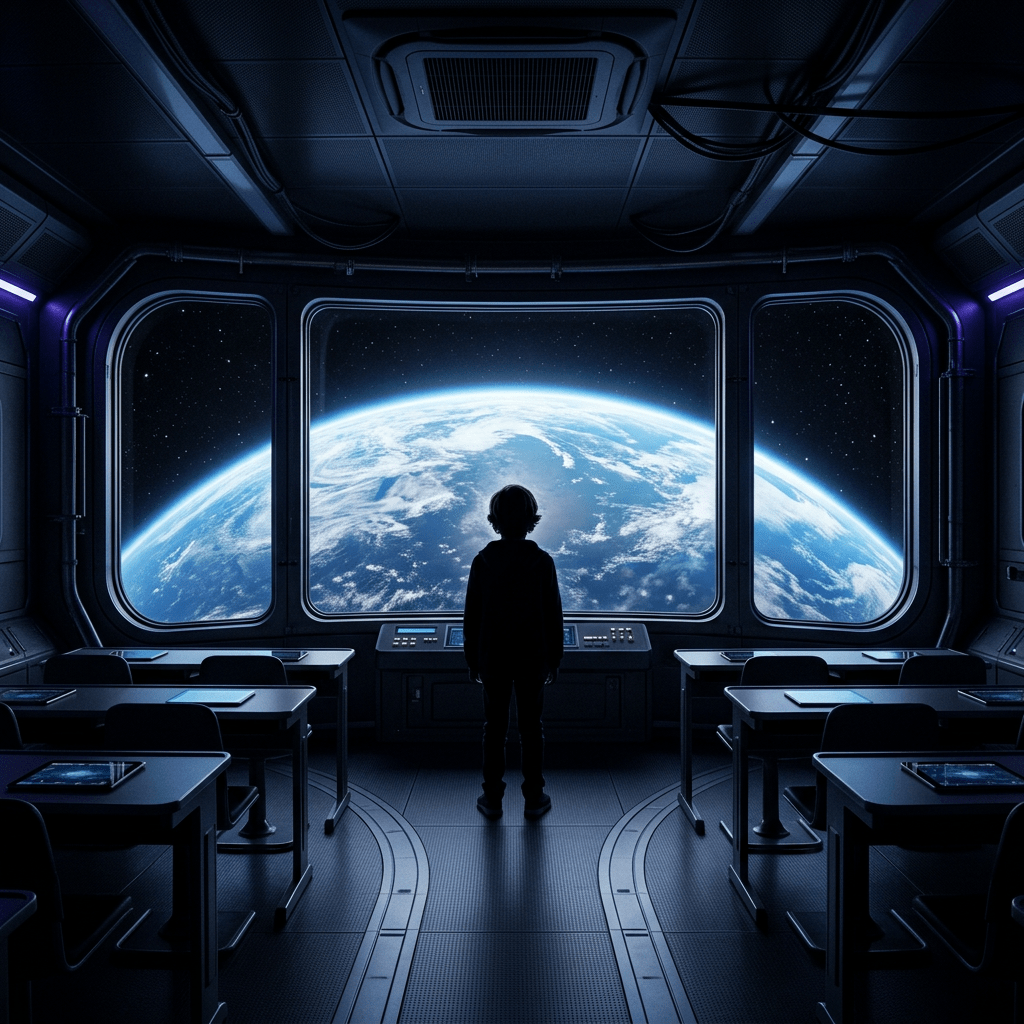 Child standing in a futuristic classroom looking at Earth through large space station windows