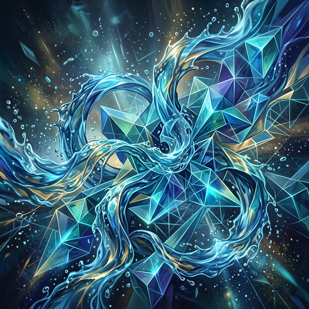 Abstract swirling streams of water twisting around glowing blue and teal geometric crystals