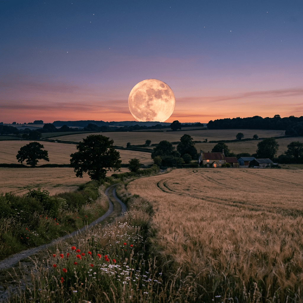 Full moon rising over fields and a country path with a farmhouse nearby