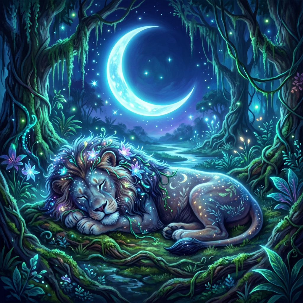 Sleeping lion with glowing floral decorations under a crescent moon in an enchanted forest