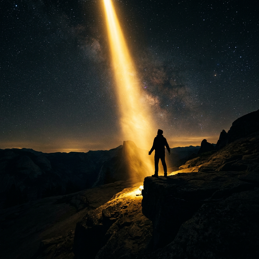 Silhouette of a person on a rocky cliff illuminated by a large golden beam of light with stars in the night sky