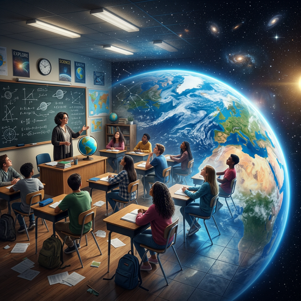 Classroom with students and teacher, Earth and space background blending with room