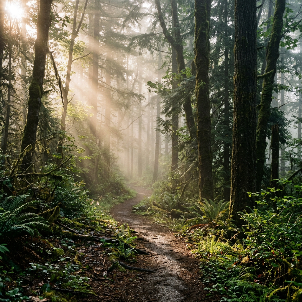 A moist winding trail in a dense forest with sun rays filtering through trees and lush green undergrowth