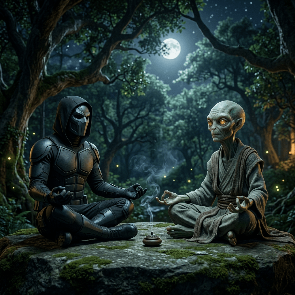 Armored warrior and alien meditating cross-legged on mossy rock under moonlit forest