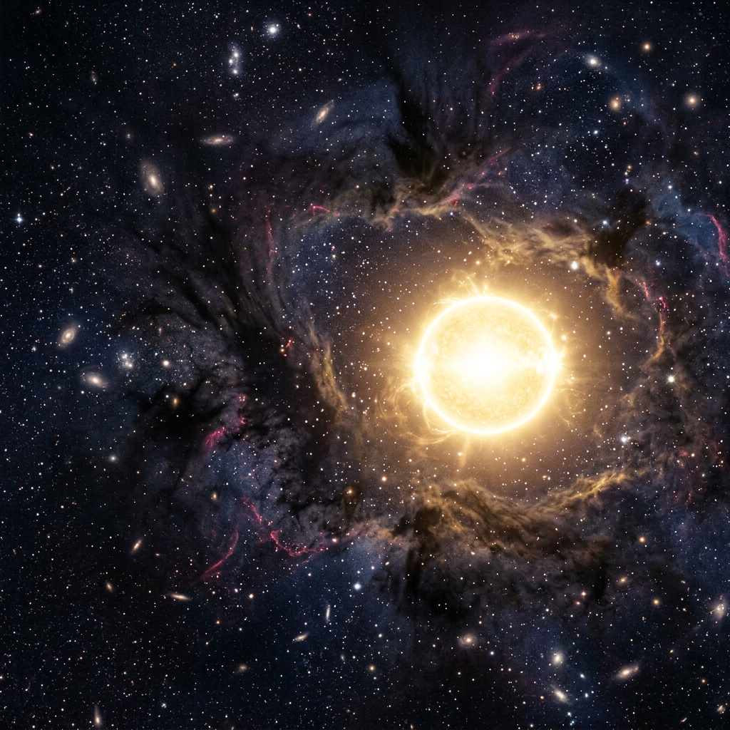 Bright star emitting light surrounded by dark cosmic dust and numerous stars in space
