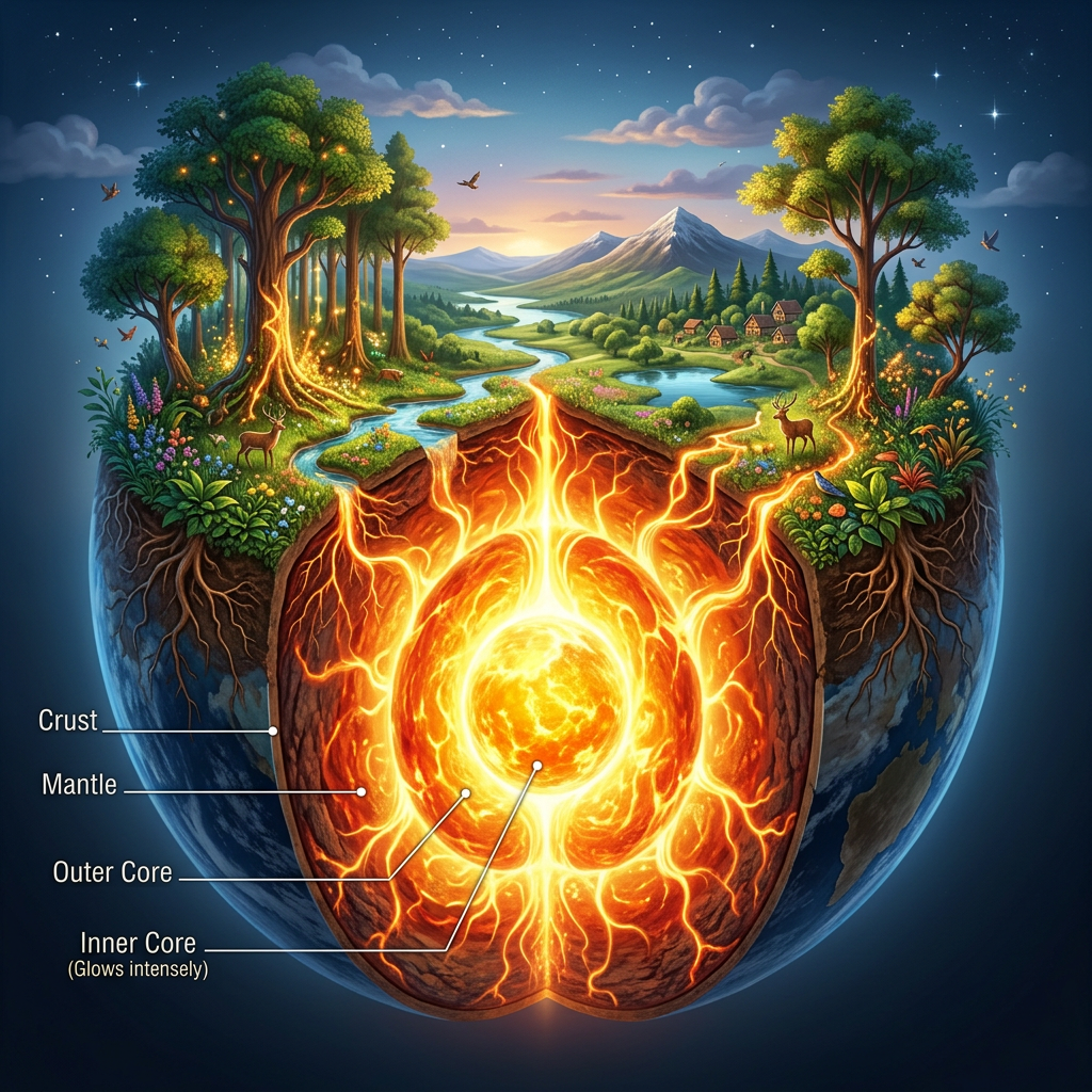 Cross-section of Earth showing crust, mantle, outer core, and glowing inner core beneath a forest and village