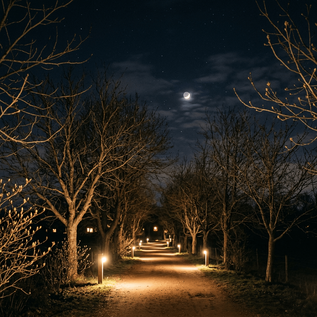 A tree-lined dirt pathway lit by ground lamps under a crescent moon and stars at night