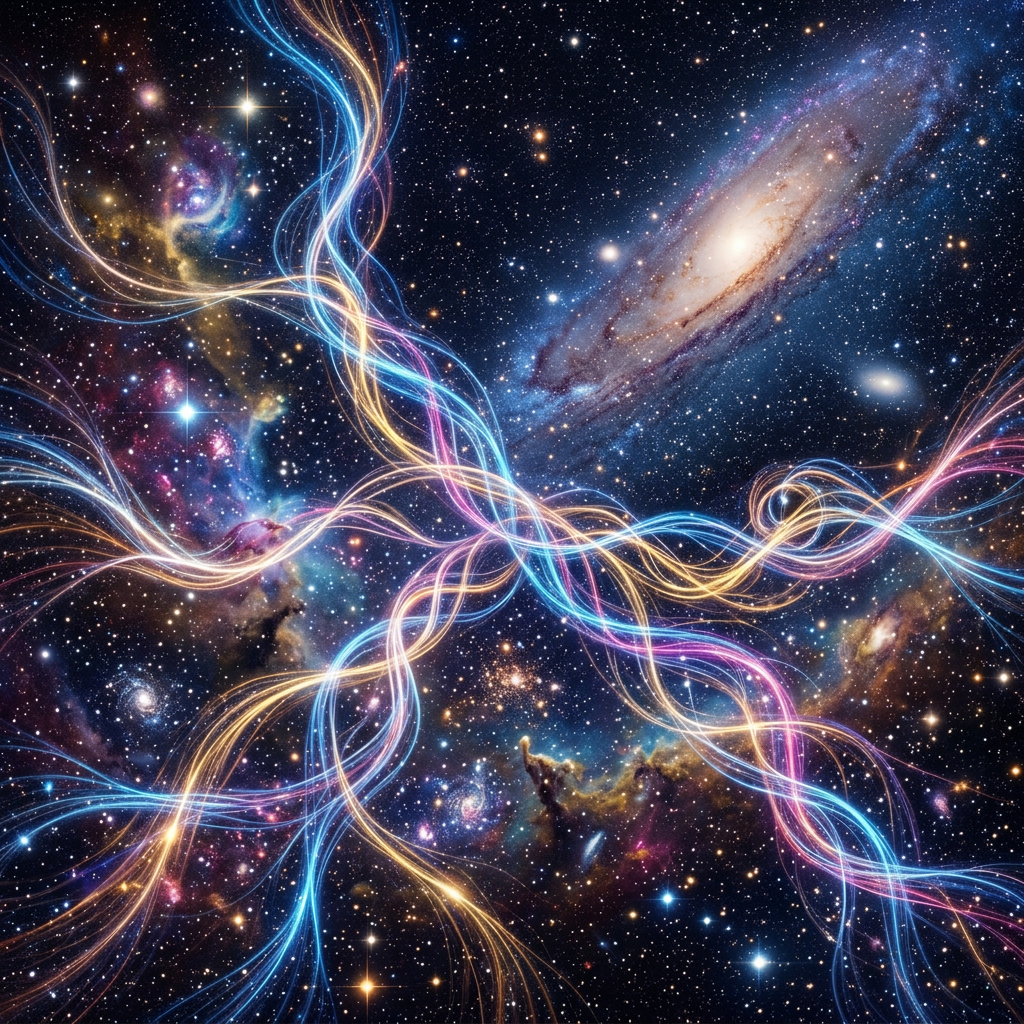 Bright multicolored light trails flowing across a detailed star-filled galaxy background