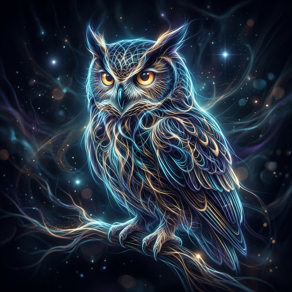 Neon-style glowing owl perched on a branch surrounded by stars