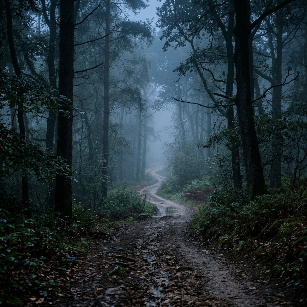 Dirt trail winding through a foggy dense forest with tall trees