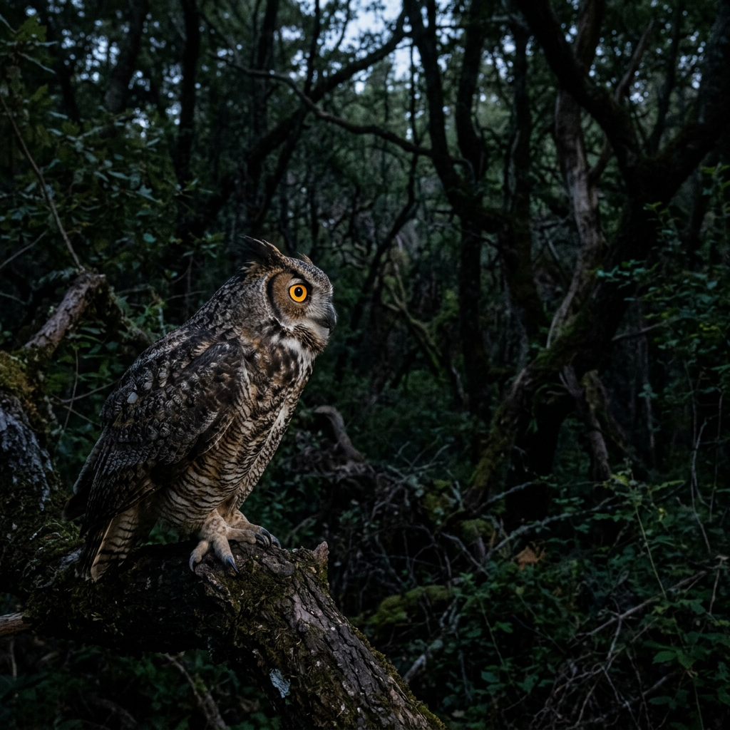 Owl peering into mysterious shadowy forest