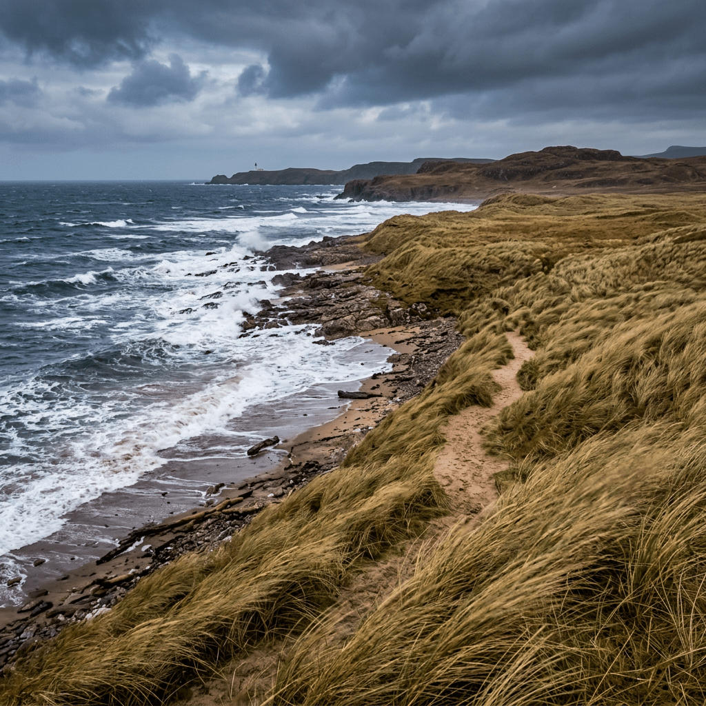 Rough sea waves hitting rocky coastline with grassy cliffs and a lighthouse in the distance under dark clouds