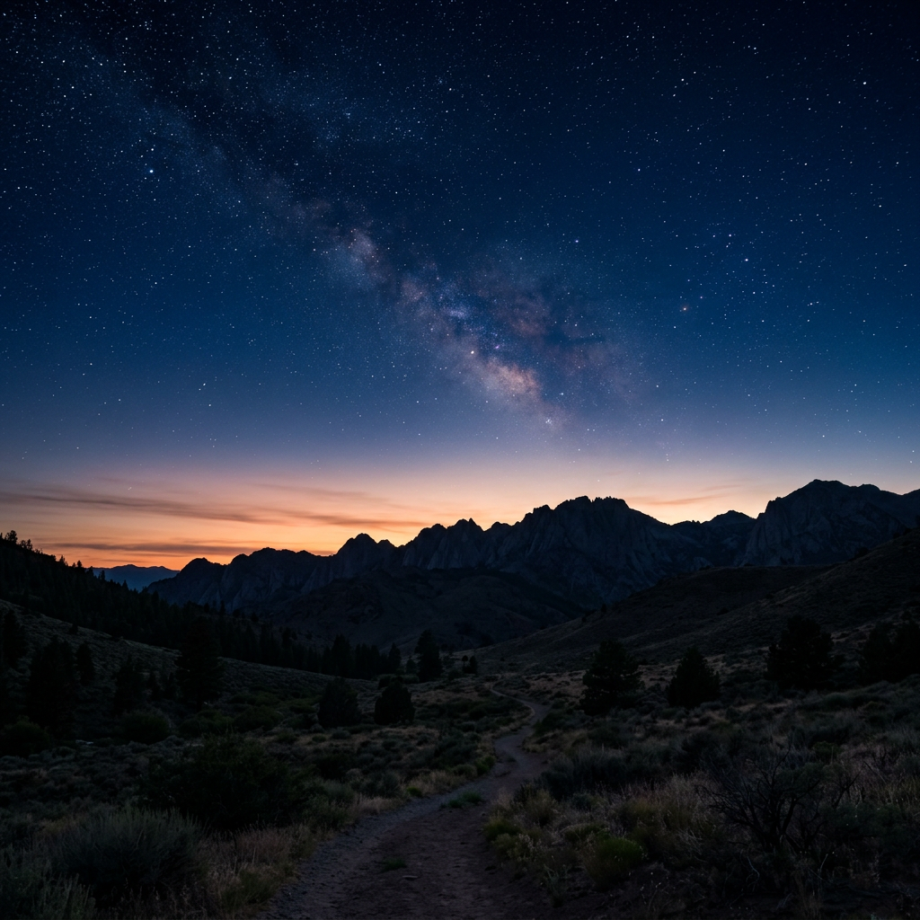 Night sky with Milky Way galaxy above dark mountain silhouettes and a winding dirt trail