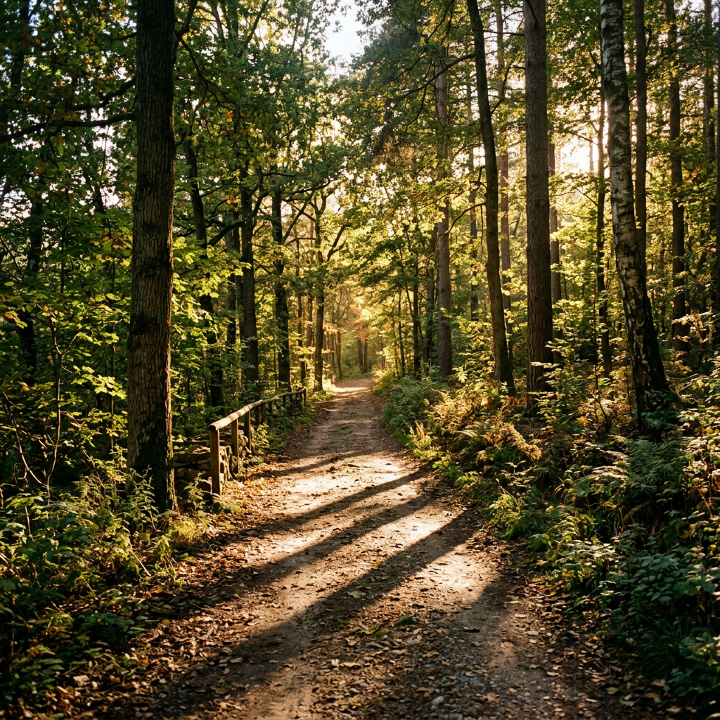 Dirt trail winding through a dense forest with sunlight filtering through trees