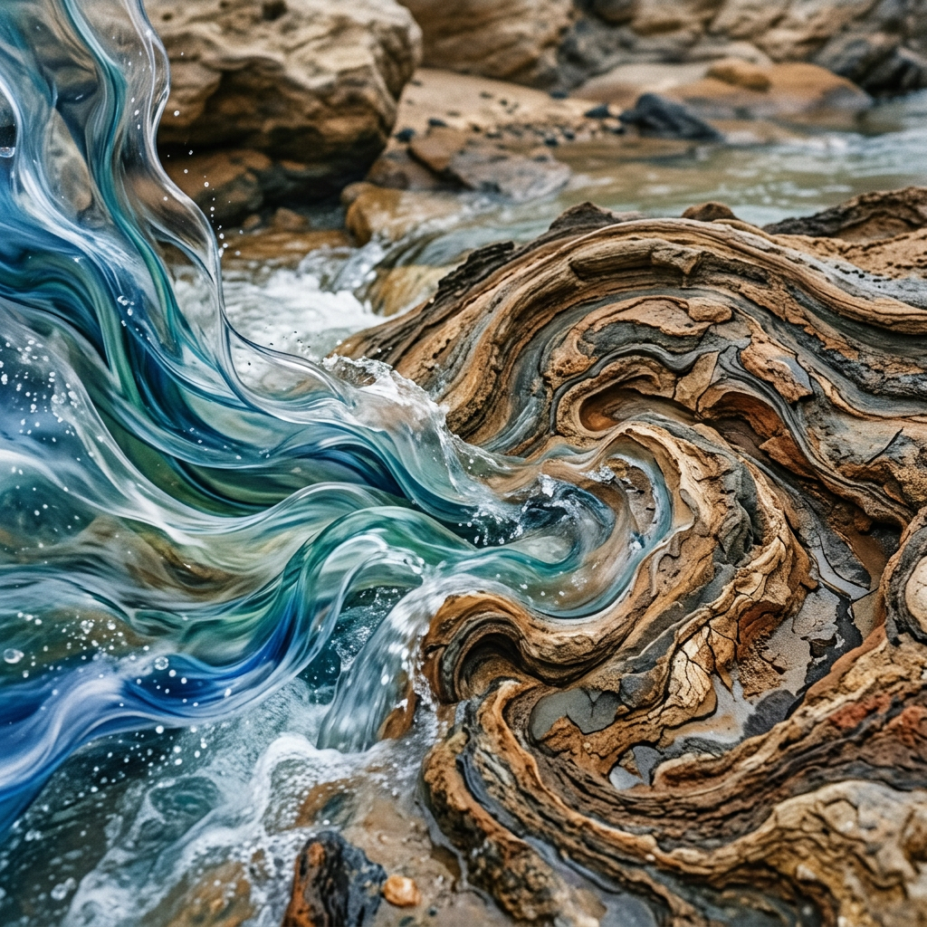 Swirling blue and green water flowing over textured, layered brown and gray rocks