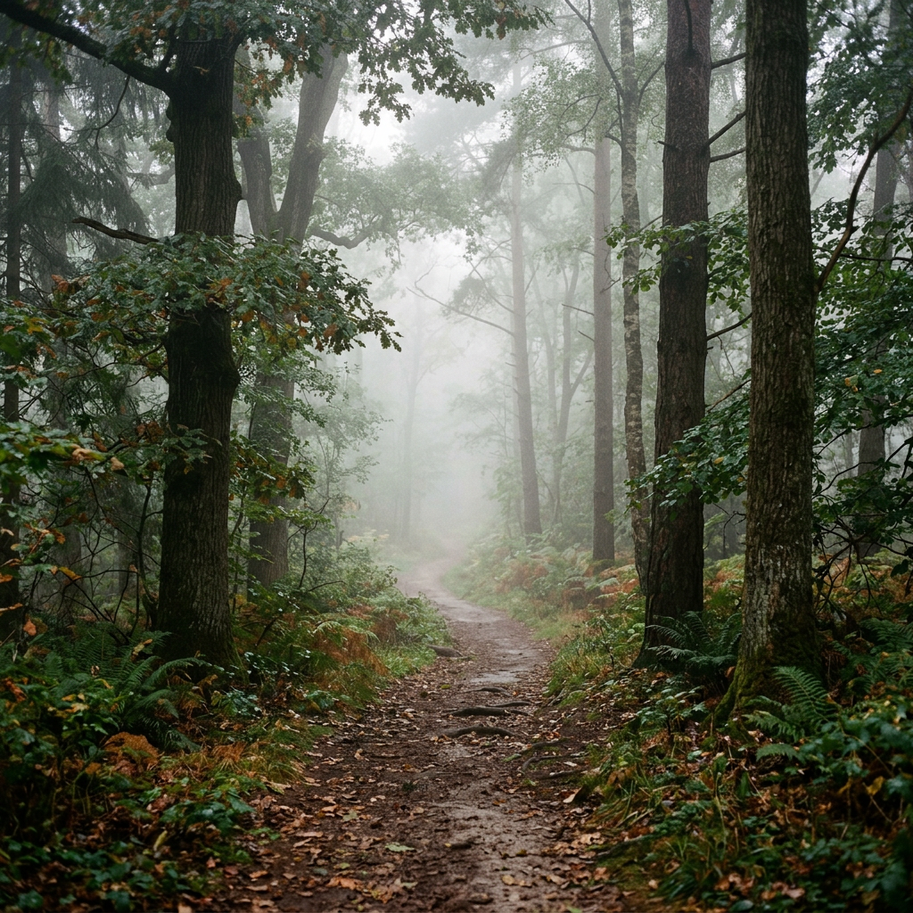 A winding dirt trail through a dense forest with fog and autumn leaves