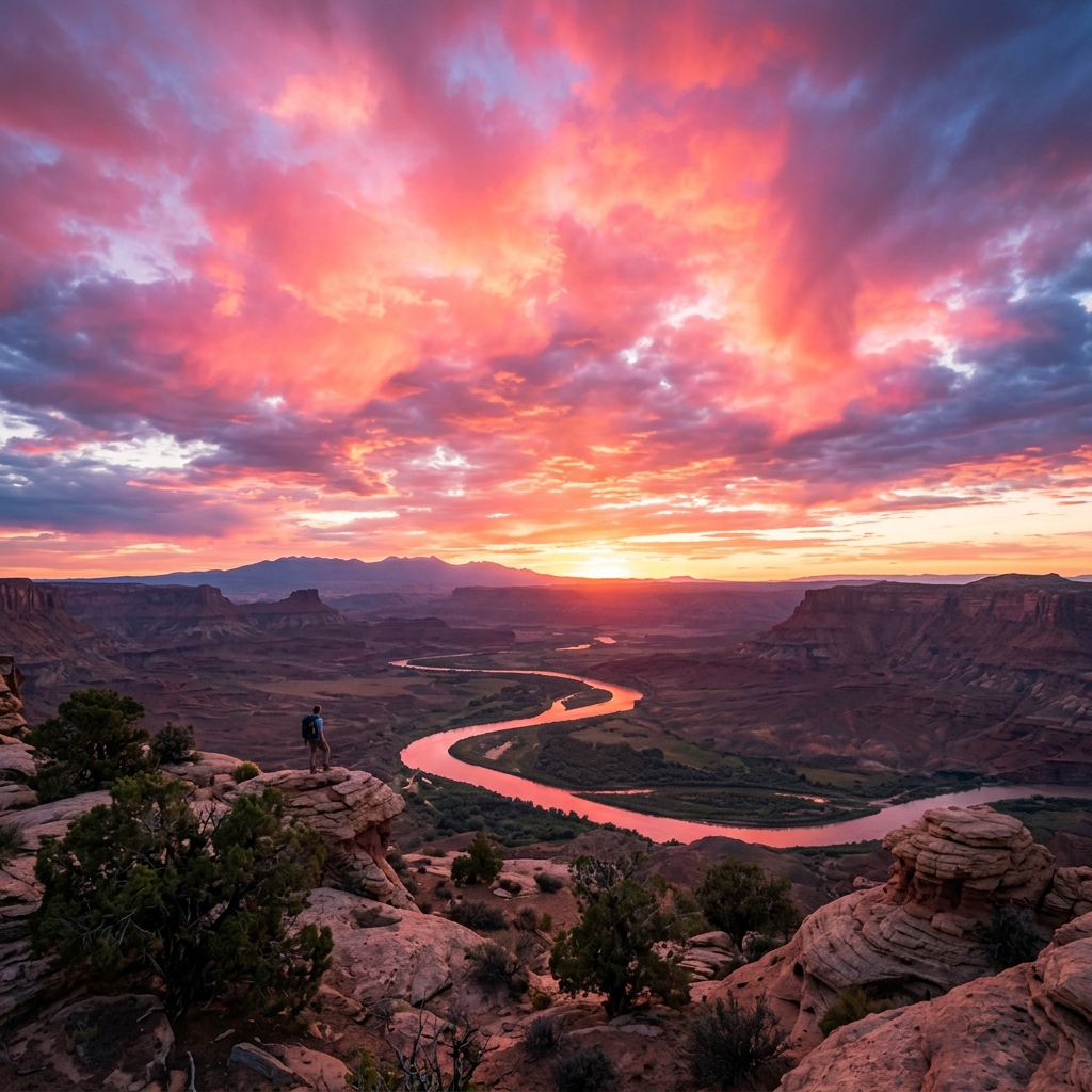 Winding river through canyon at sunset with colorful sky and person standing on rocks
