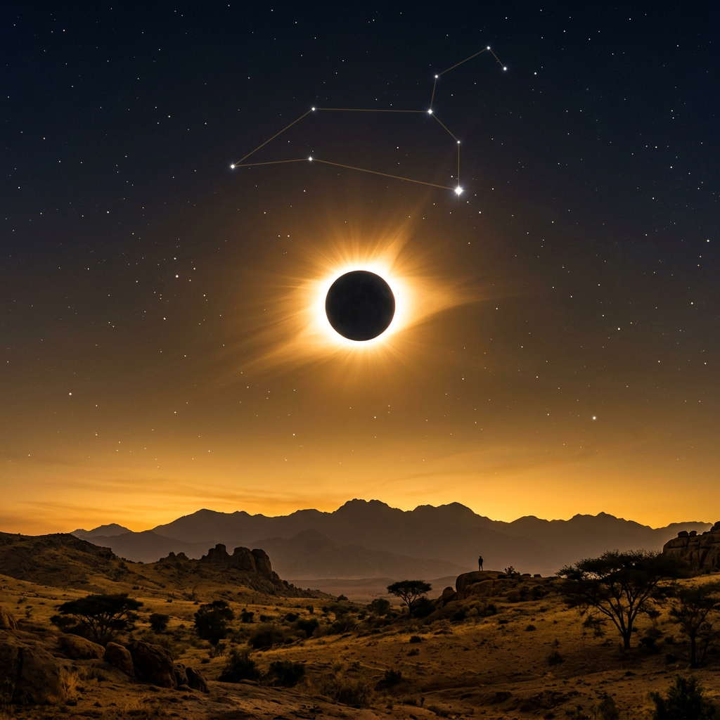 Total solar eclipse with sun corona and constellation in night sky over desert