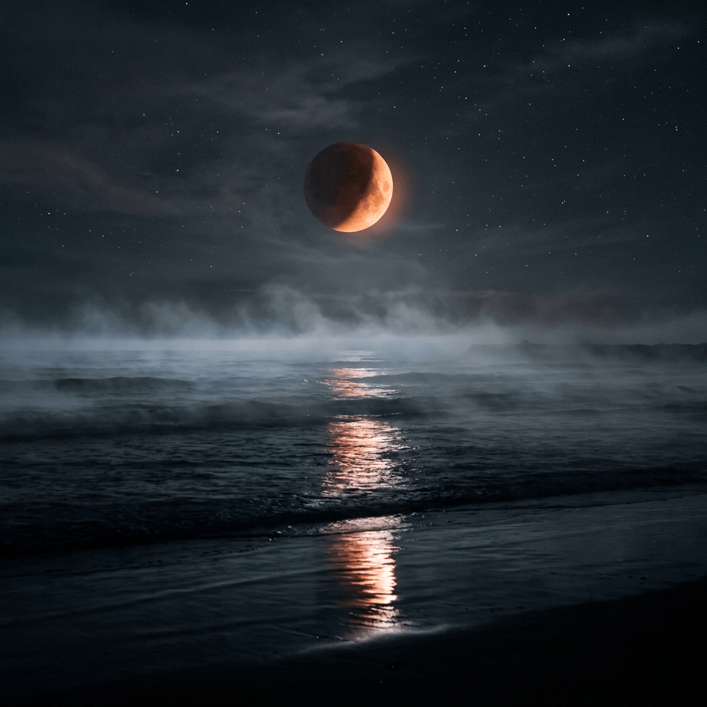 Blood moon lunar eclipse with orange glow over ocean and mist