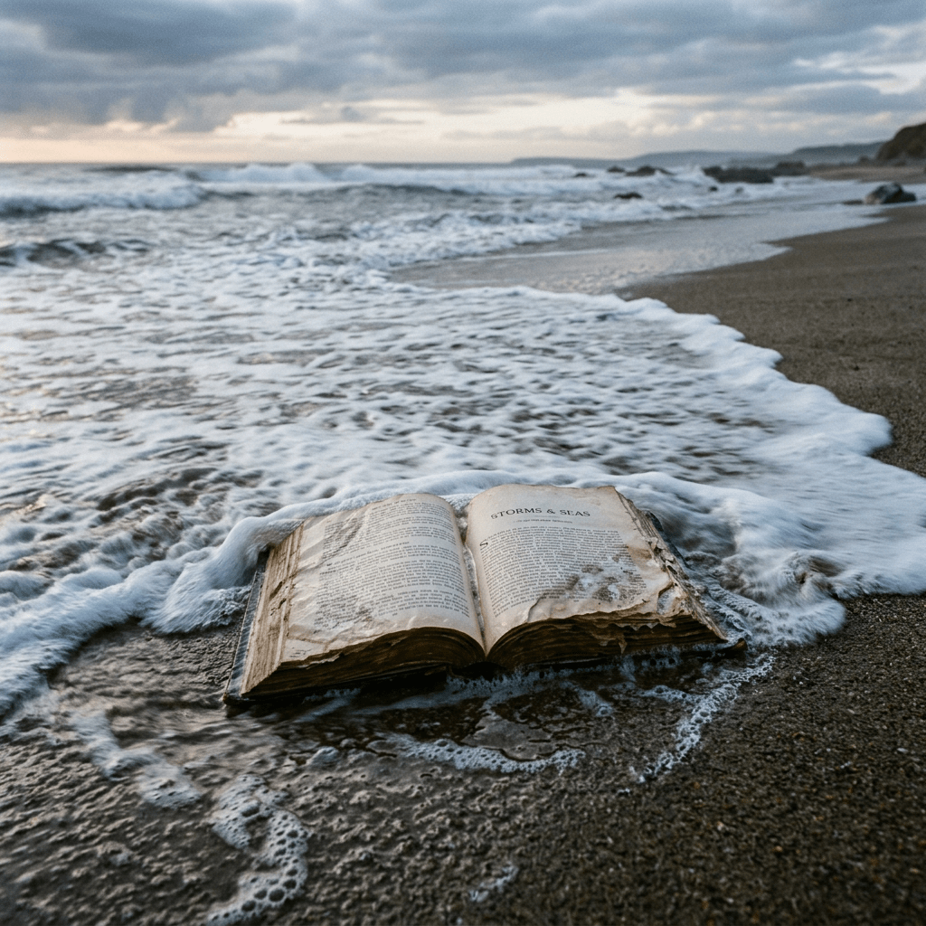 Open weathered book titled 'Storms & Seas' on wet sand with waves washing over it