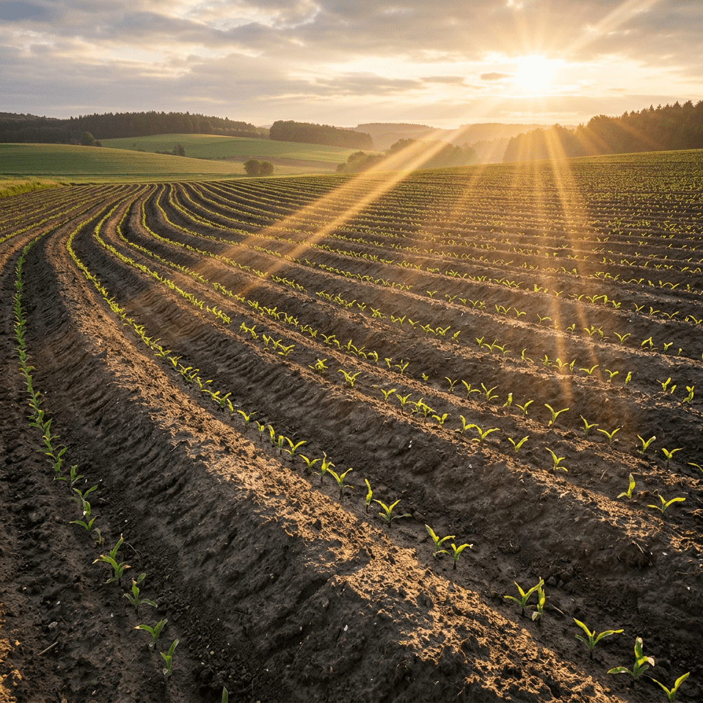 Rows of small green plants growing in a field with sunlight rays.