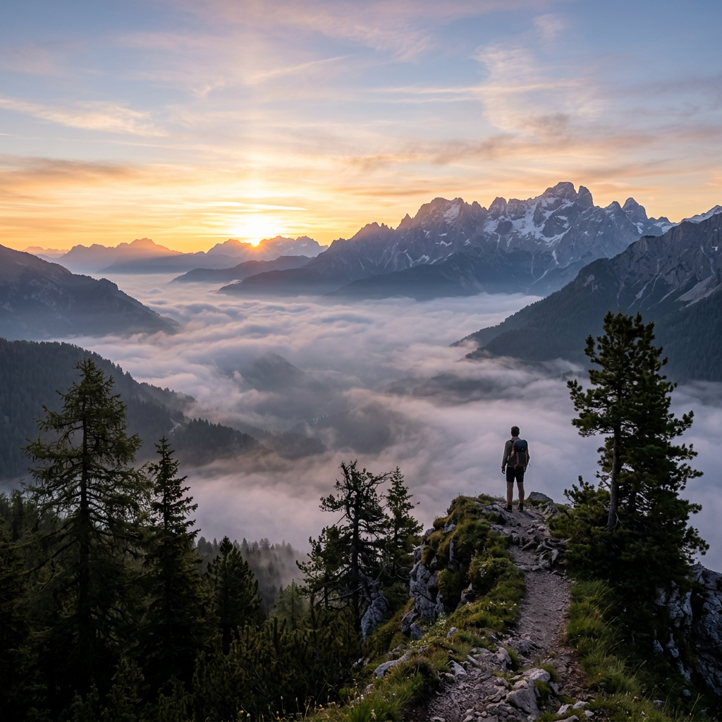 Hiker standing on mountain ridge overlooking fog-filled valley and distant snow-capped peaks at sunrise