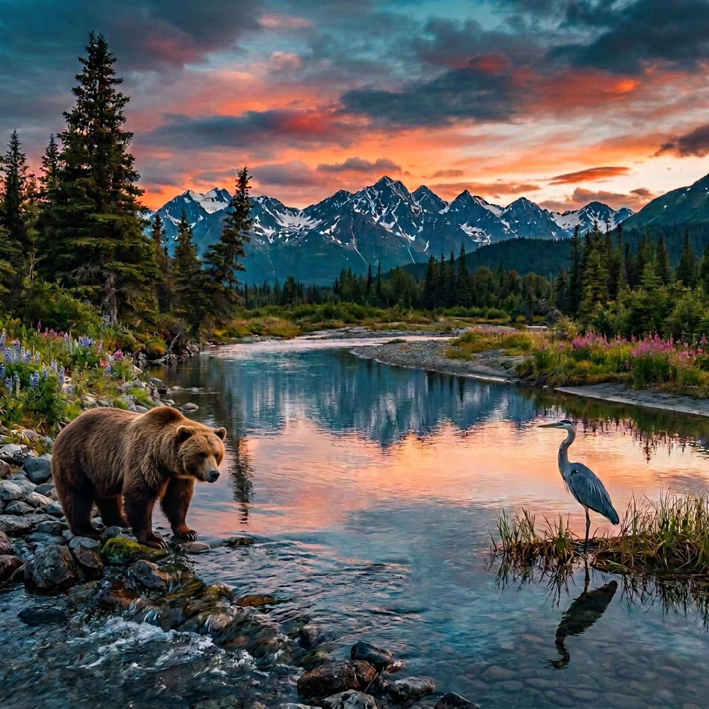 A bear standing at the edge of a river looking at a heron standing on a small grassy patch in the water, with snowy mountains and pine trees in the background under a colorful sunset sky.