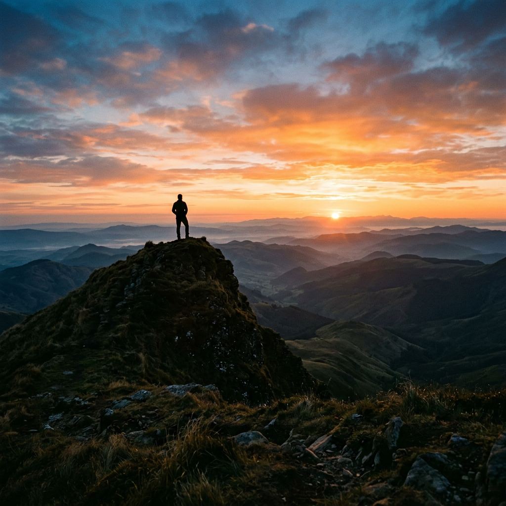 Silhouette of a person standing on a mountain peak at sunset with rolling hills below