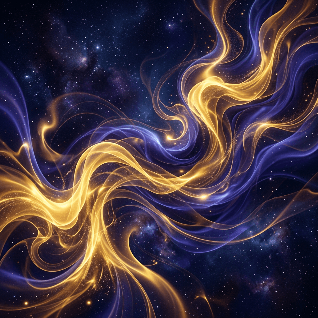 Glowing golden and purple light waves swirling over a star-filled cosmic background