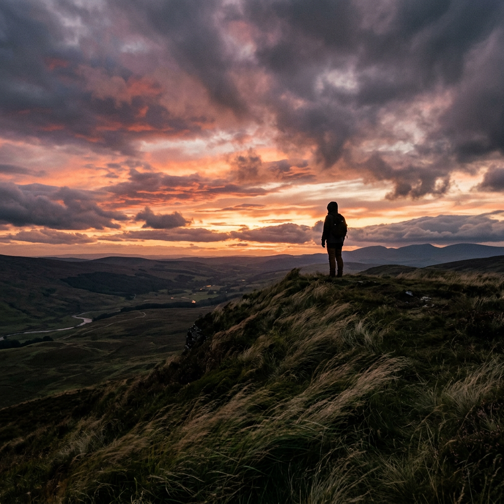 Silhouette of a hiker standing on a grassy hilltop with a colorful sunset sky and valleys below.