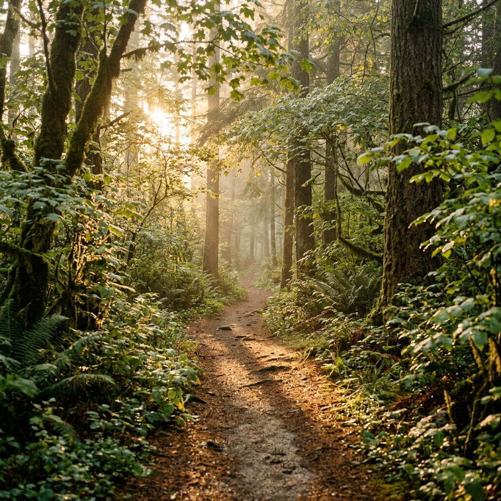 Narrow dirt trail winding through lush green forest with sunlight filtering