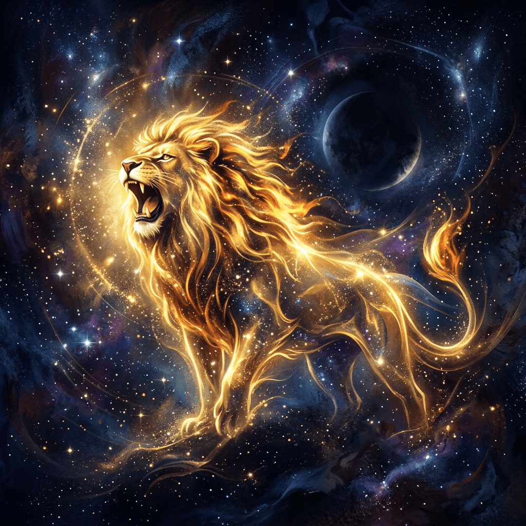 Glowing lion composed of golden light and stars roaring in space