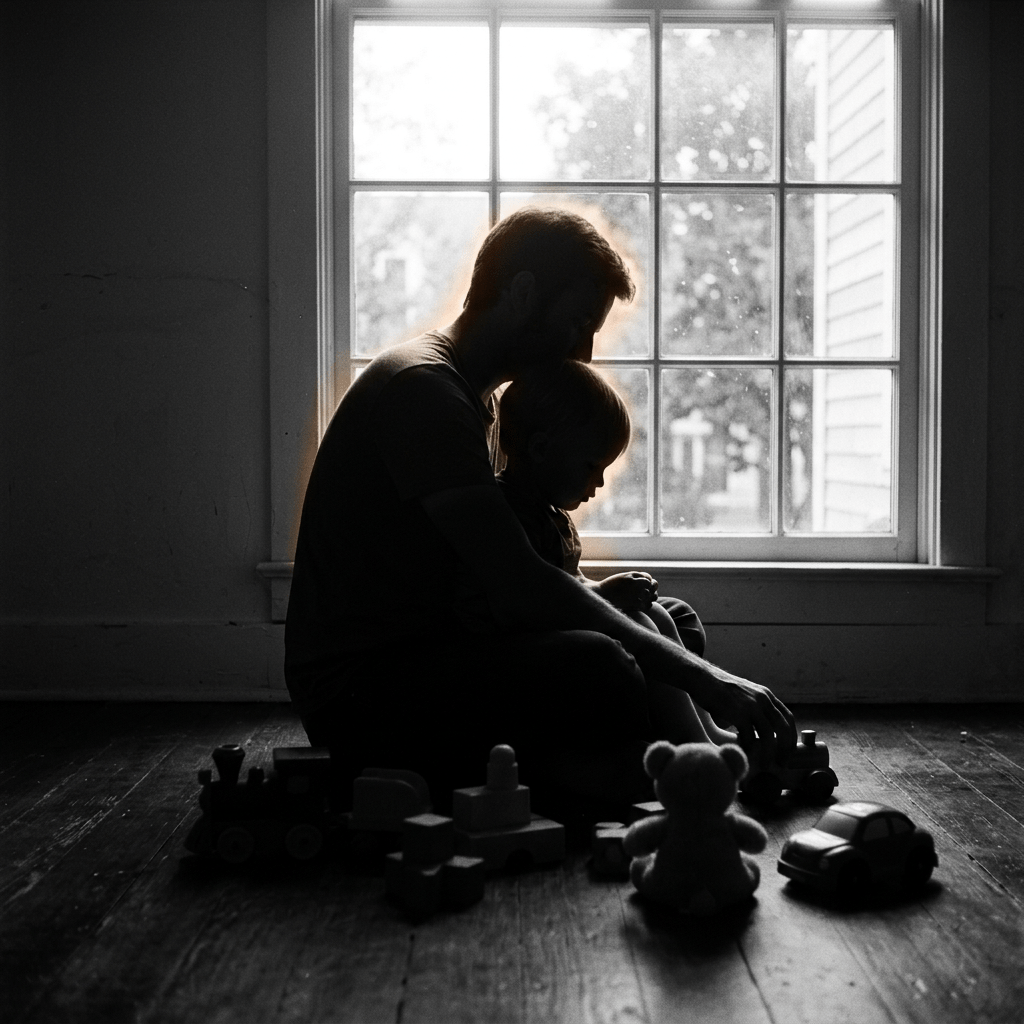 Father and child sitting on the floor playing with toys near a window