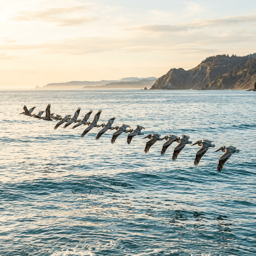 Flock of pelicans flying low over ocean water with coastal cliffs in the background