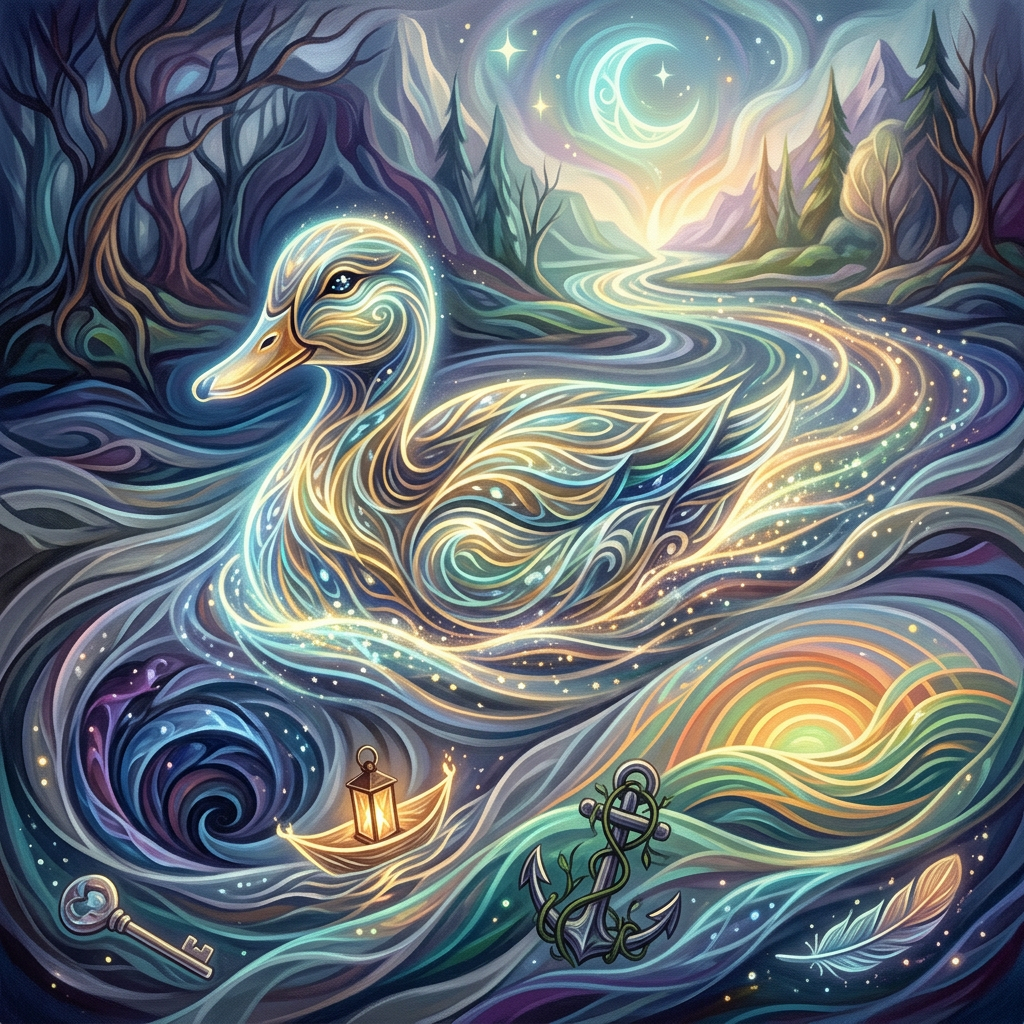 A luminous swan with swirling patterns swimming on a river with a crescent moon overhead and symbolic objects floating nearby