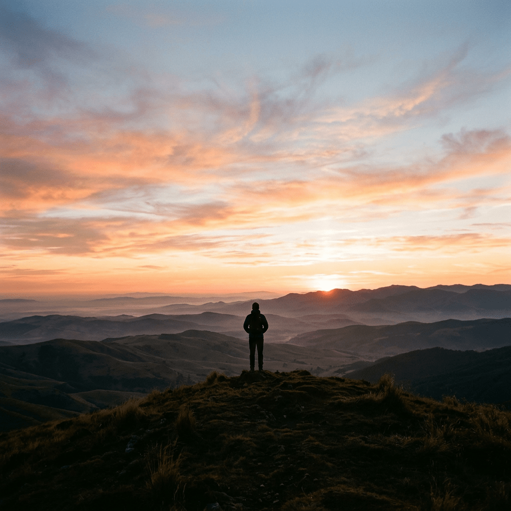 Person standing on mountain ridge overlooking sunrise and distant hills