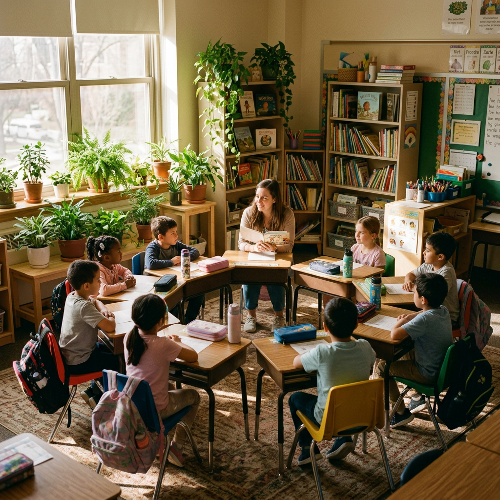 Teacher reading a book aloud to a circle of elementary students